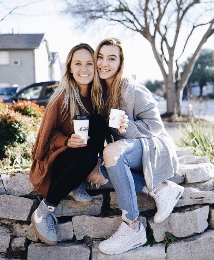 Paschal student, Ava Crum poses for a picture with TCU student and YoungLife leader, Ellie Haskins outside of Dwell.  Picture credits to @dwellcoffeeandbiscuitsfw
