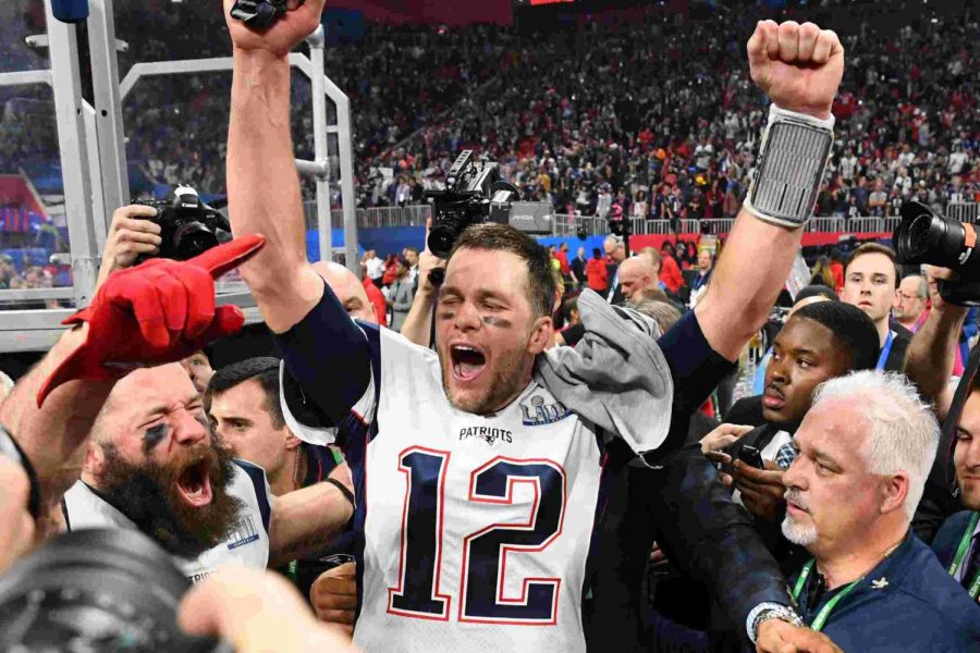 Tom Brady celebrates with Super Bowl MVP Julian Edelman following Sundays victory.