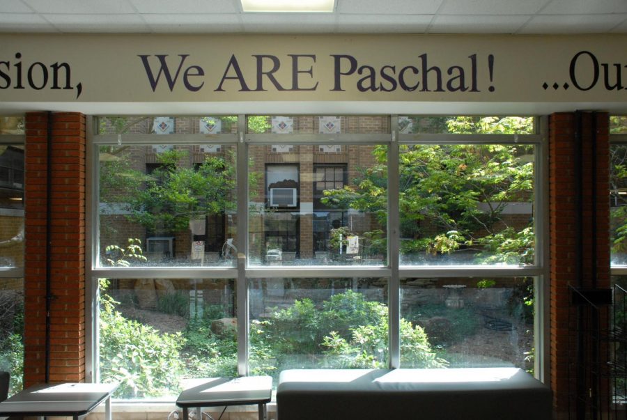 The current view of the atrium from the Paschal foyer, when entering through the front of the school. 