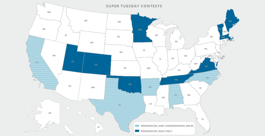 Map of States voting in the primary election on March 3rd, termed Super Tuesday. 