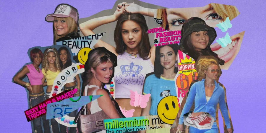 collage of clothing reminiscent of the 2000s era and popular brands