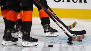 The Flyers showed there support for the LGBTQ+ community through the use of rainbow jerseys and wrapped sticks during their warm up.