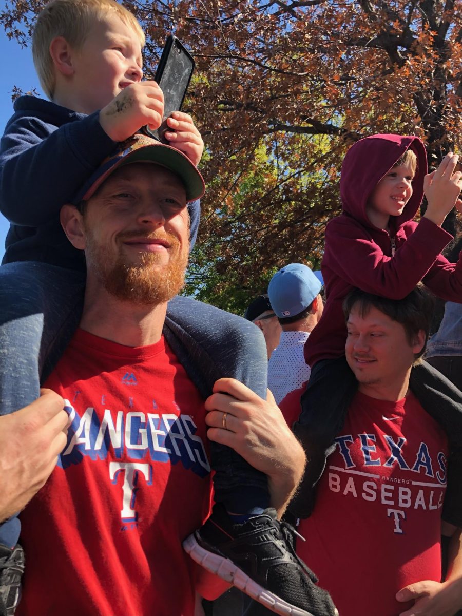 Paschal teacher and Rangers fan Andrew Schnitzius and former teacher Micheal Schnitzius pictured celebrating the Rangers victory with their kids. 