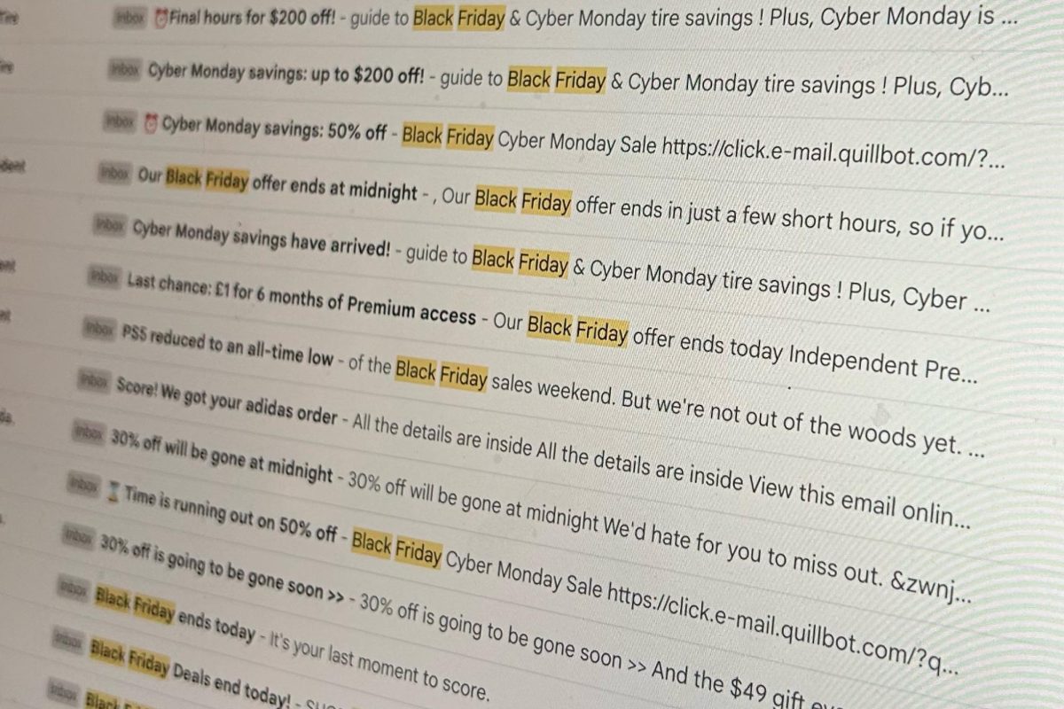Black Friday and Cyber Monday sale emails sent during late November.