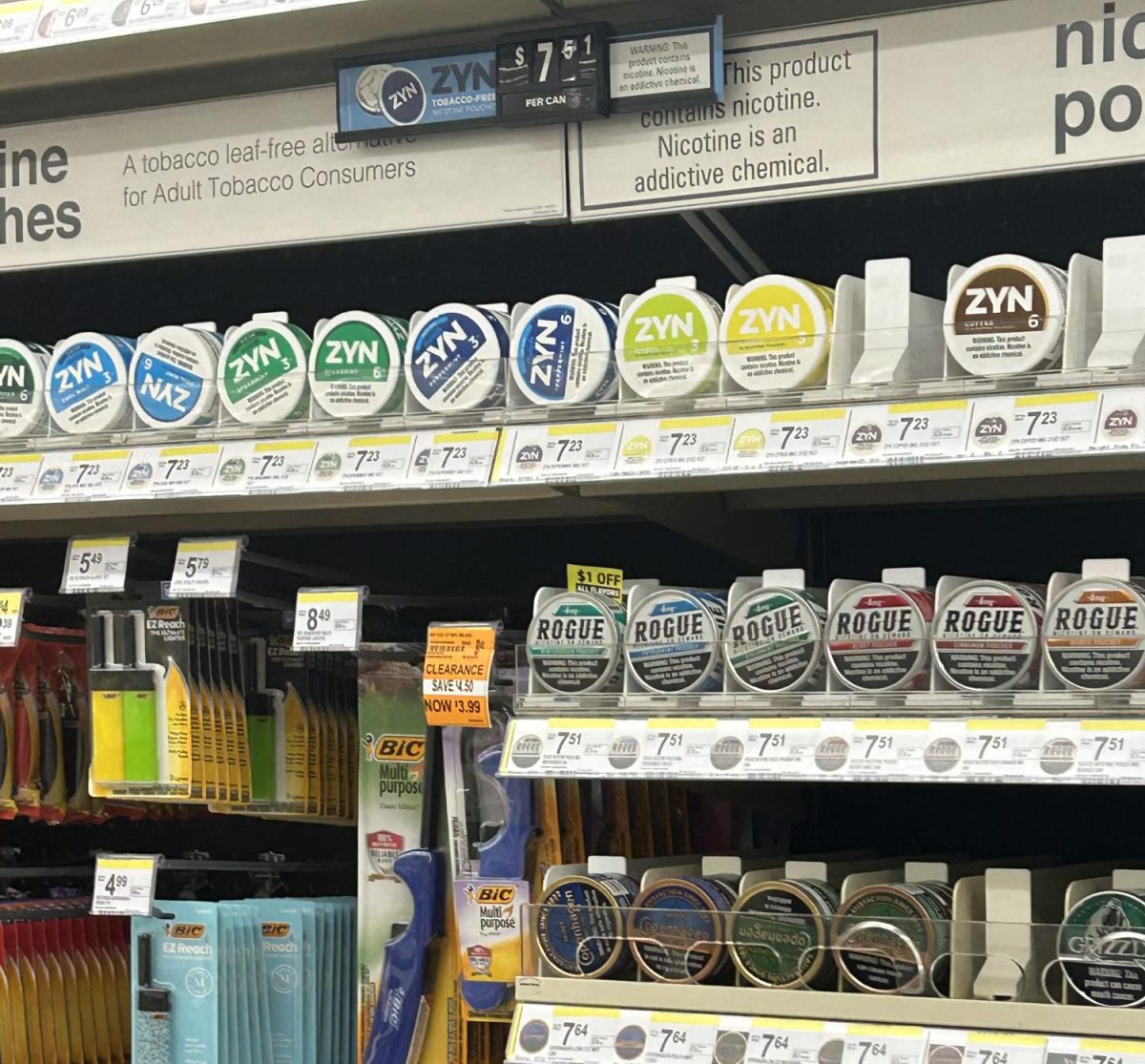 Zyns and other oral nicotine products are on display behind the register on the Walgreens shelf on Hulen. 