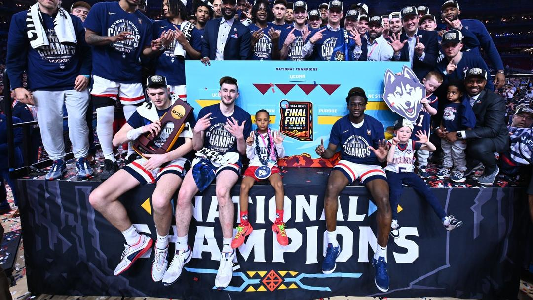 UConn Mens Basketball players celebrate their NCAA Championship victory last night. (https://uconnhuskies.com/)