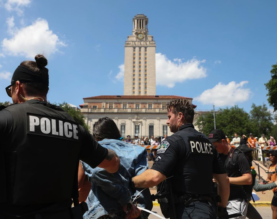 Photo of protester being arrested on UT Austin campus on April 29th. Taken by the Daily Texan (4/29 on @texasjpg on Instagram) 

