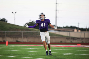 Luke Jowers (Outside Linebacker) celebrates a sack at a scrimmage game against Irving